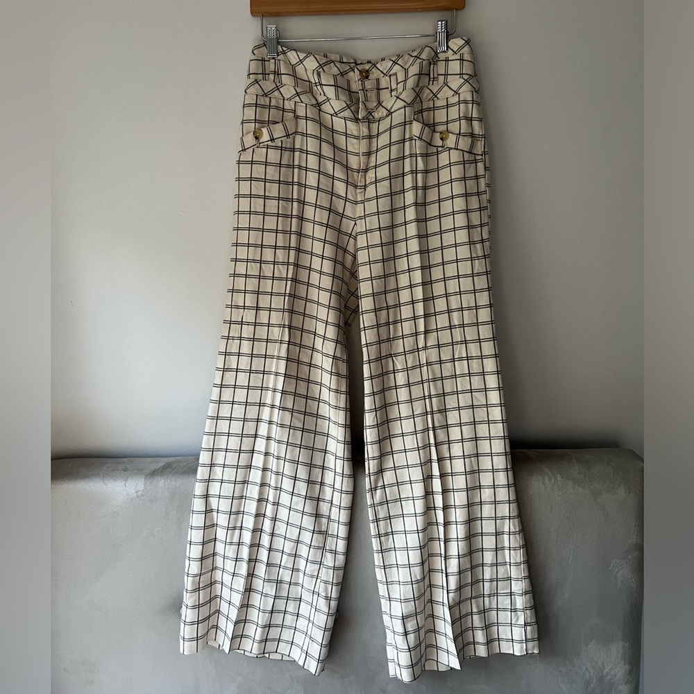 Anthropologie Windowpane Plaid Wide Leg Trouser Pants Cream